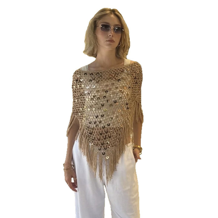 Dame dekorativ spids poncho med elegante palietter og frynser Skovae