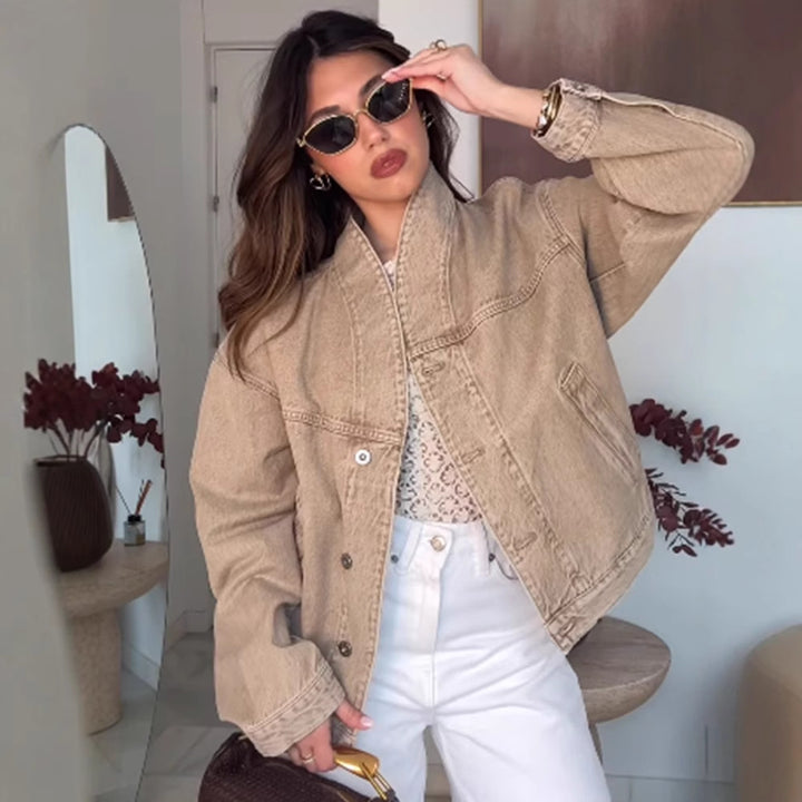 Dame mode oversized jeansjakke med trendy ståkrave Stilla
