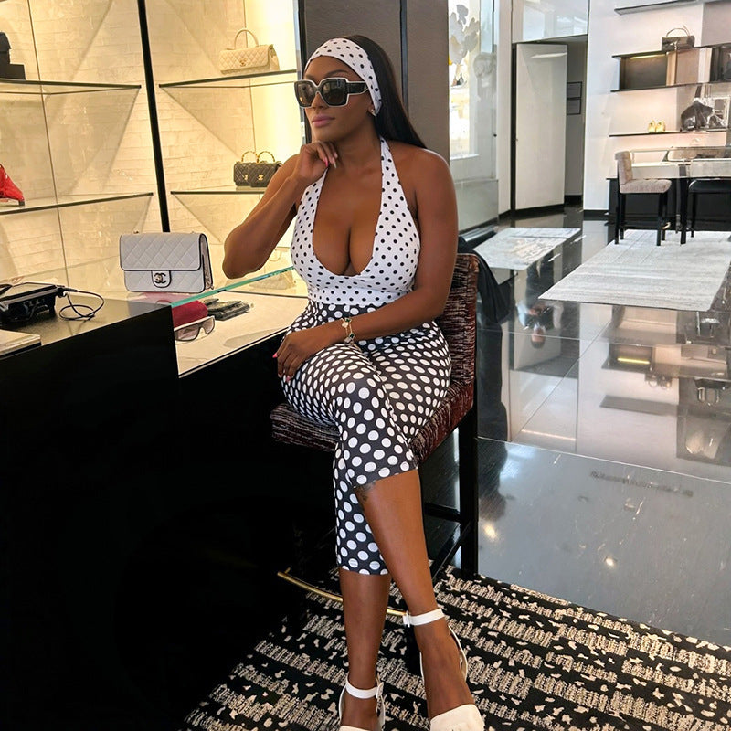 Damen Polka-Dot Jumpsuit mit tiefem V-Ausschnitt und elastischem Material Skovae