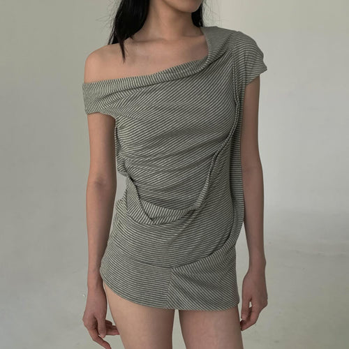 Damen asymmetrisches Kurzarm-Oberteil mit Streifenmuster und innovativem Design Skovae