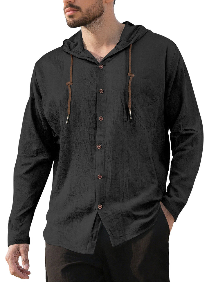 Herrer nan tekstureret linnedblandings-hoodie med gennemgående knoplukning, træknapper og sidespalter Skovae