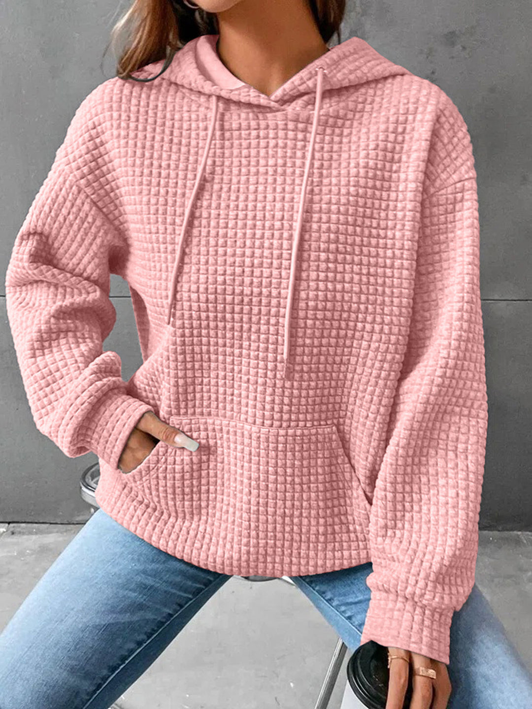 Kvinder Vaffelstruktur Hoodie med Kængurulomme og Casual Fit Stilla