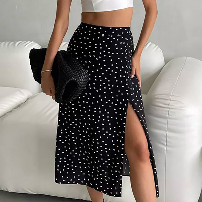 Dame maxiskørt med høje slids og trendy polka-dot mønster Stilla