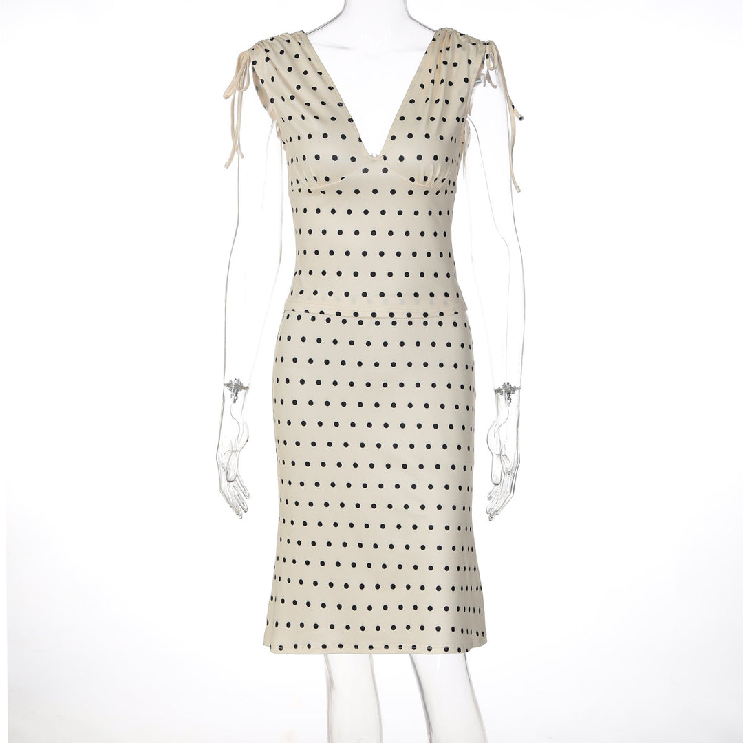 Dame Elegant polka-dot kjole med dyb V-udskæring og justerbare skulderstropper Skovae
