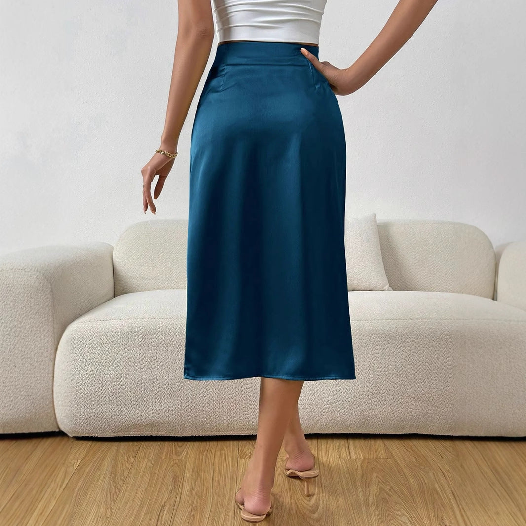 Dame Elegant Satin-Midiskørt med elegant slids og flydende fald Skovae
