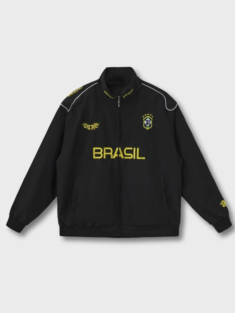 Unisex nan sporty retro træningsjakke med høj krave lynlås brystemblem og Brasilien-tekst Skovae