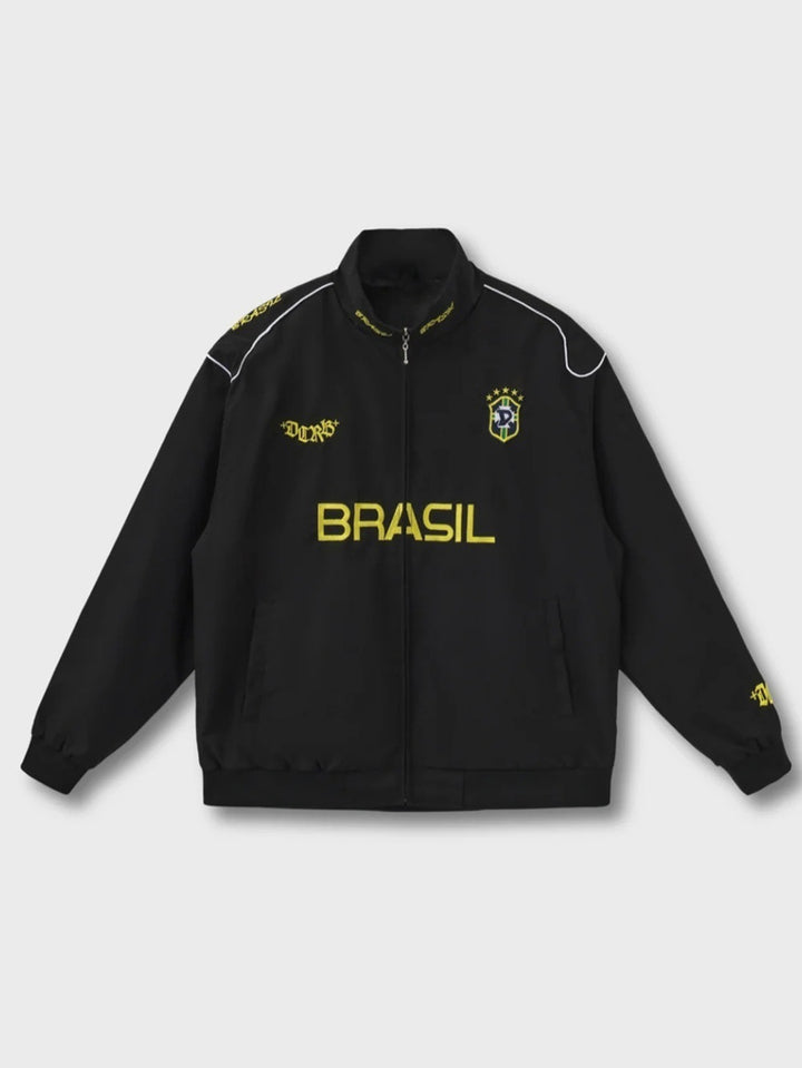 Unisex nan sporty retro træningsjakke med høj krave lynlås brystemblem og Brasilien-tekst Skovae