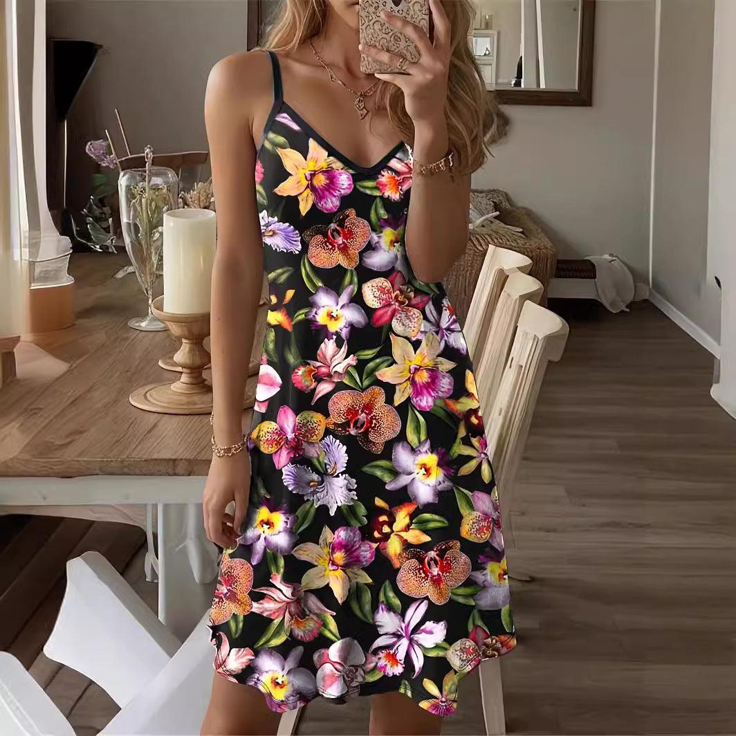 Dame sommerkjole med blomsterprint og justerbare stropper Skovae
