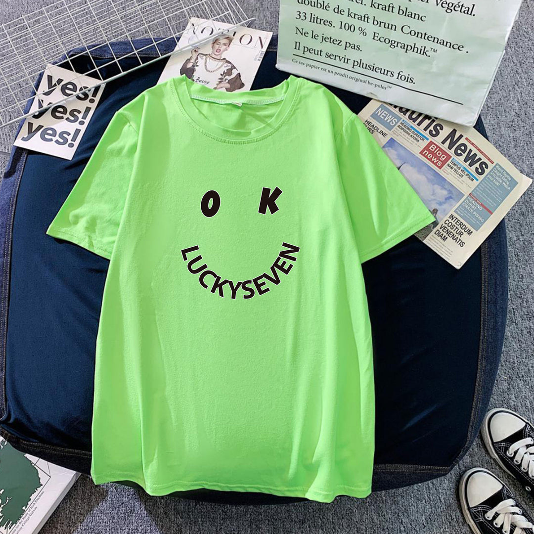Kvindernes fashionabel t-shirt med afslappet smiley-tryk og høj kvalitet bomulds kvalitet Skovae