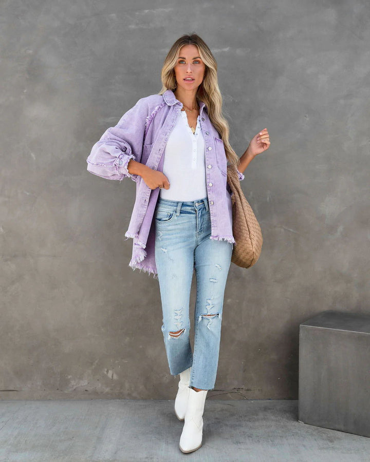 Kvinder Oversized Denim Skjorte med Frynser Stilla