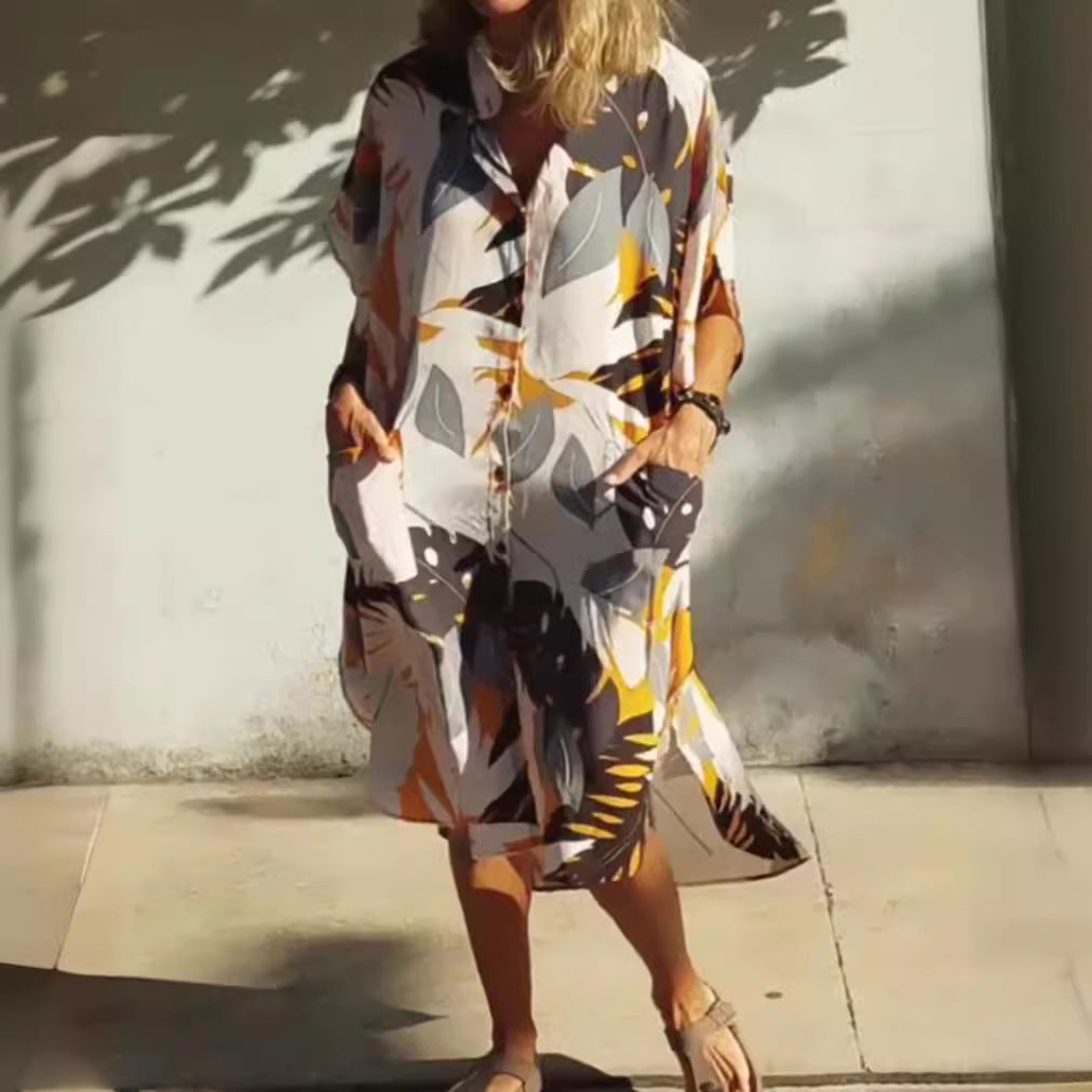 Dame skjortekjole i moderigtigt blad-design med praktiske lommer Stilla
