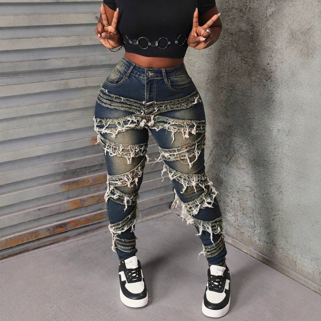 Dame Skinny Jeans med fashionable Destroyed-detaljer og høj talje Stilla