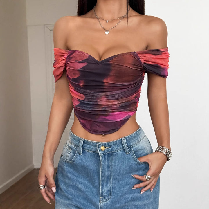 Dame Off-Shoulder Top med draperinger og blomsterdesign Skovae