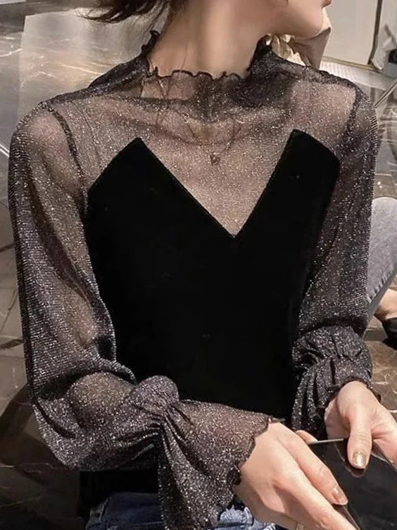 Dame Transparent Rynkesleeve Top Stilla