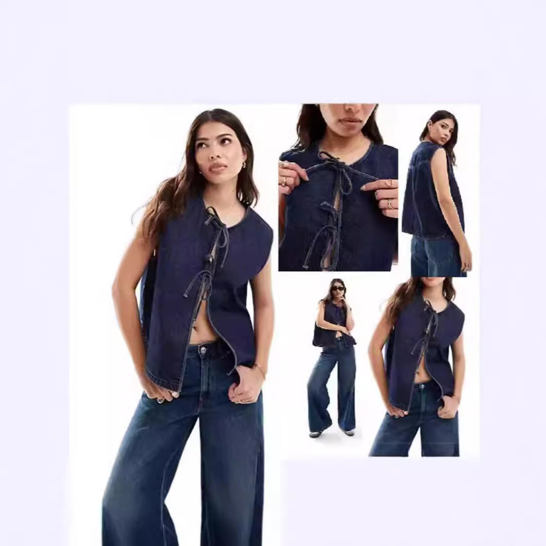 Dame Denim Vest med Raffinerede Bindebånd Stilla