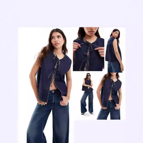 Dame Denim Bustier-vest med snørelse Skovae