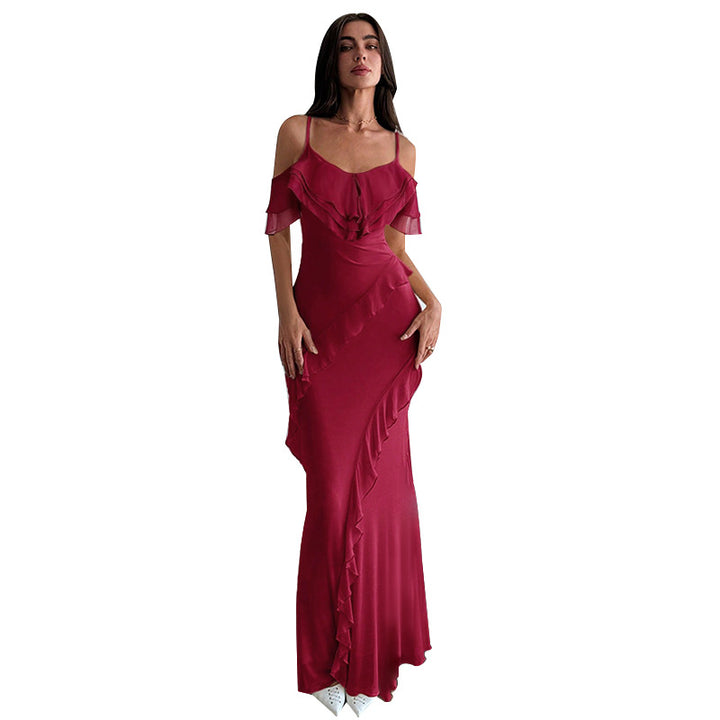 Kvinders elegante maxi kjole med asymmetrisk flæse design