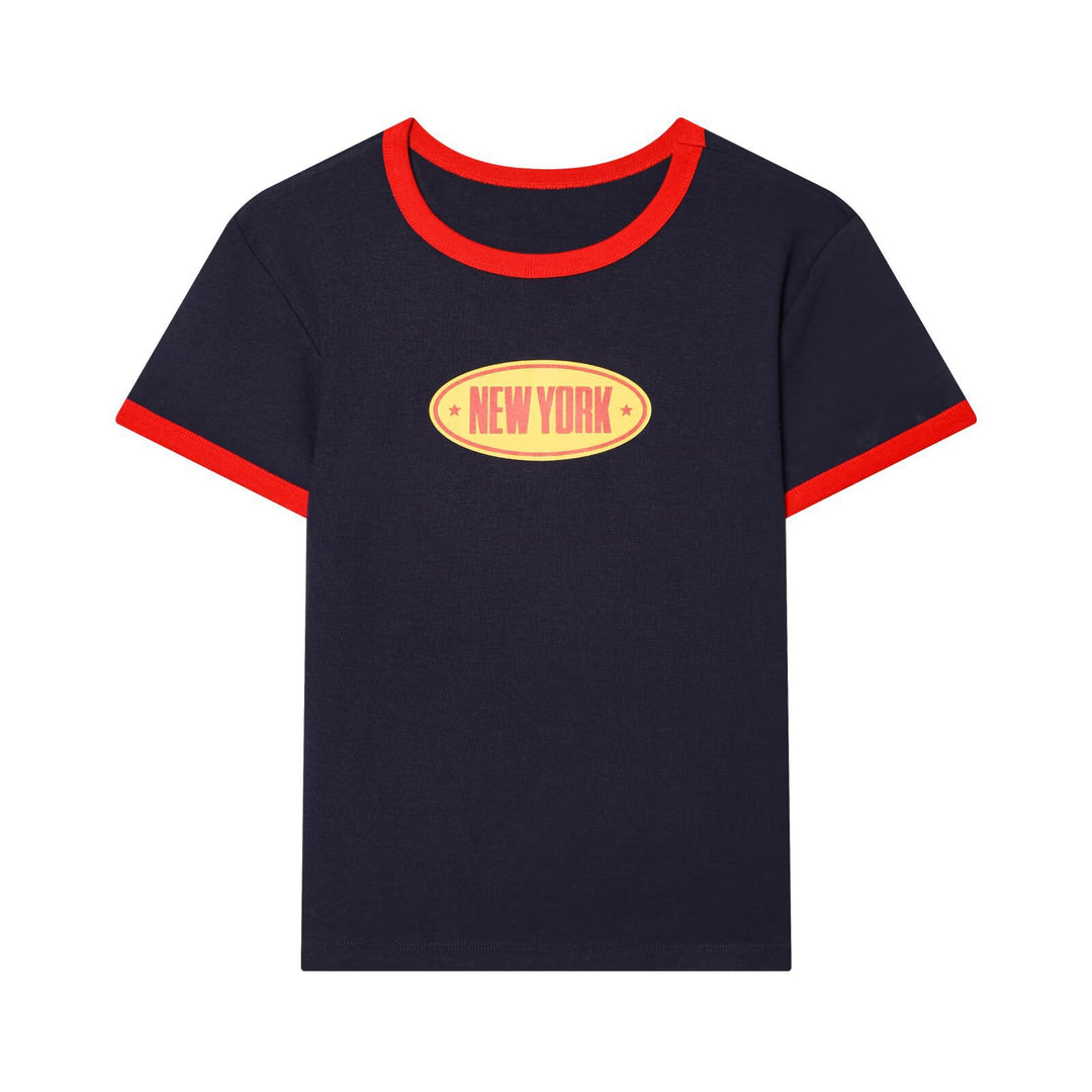 Dame fritids T-shirt med kontrasterende ærmer og trendy skrift Skovae