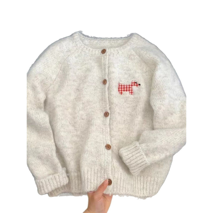 Dame Cozy Knit Cardigan med Dekorativt Hundemotiv Stilla