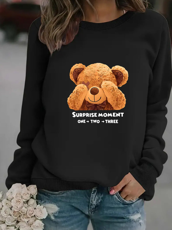Dame sweatshirt med sødt bjørnedesign og moderne bogstaver Skovae