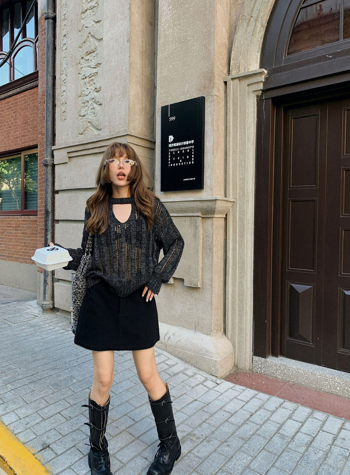 Dame afslappet oversized strikpullover med bølgemønster og fashionable udskæring Stilla