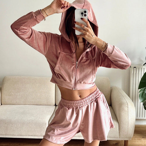 Kvinders sporty velour cropped sæt med lynlås og elastisk talje Skovae