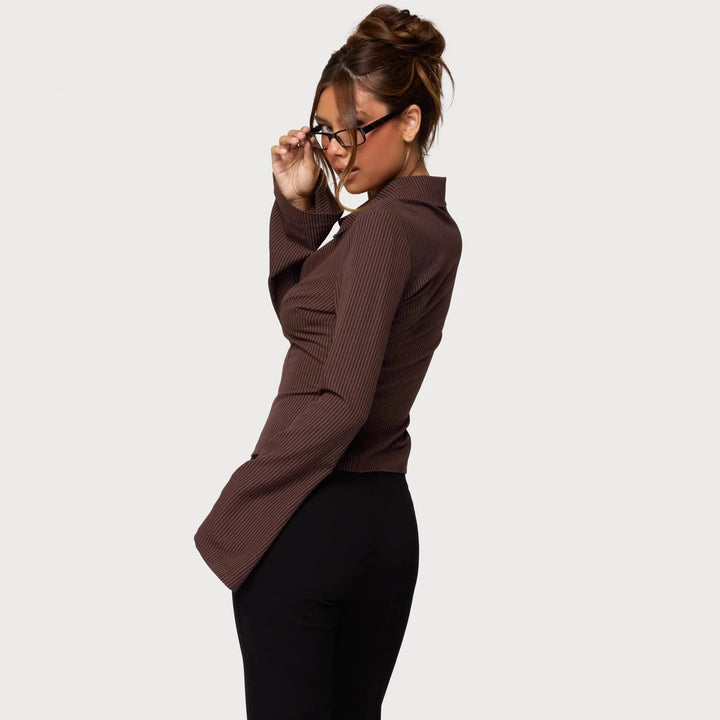 Dame Rib-Optik Bluse med elegant krave og smal pasform Skovae
