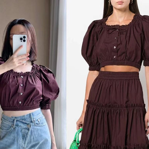 Dame kortærmet bluse med elastisk kant og romantiske puffærmer Stilla