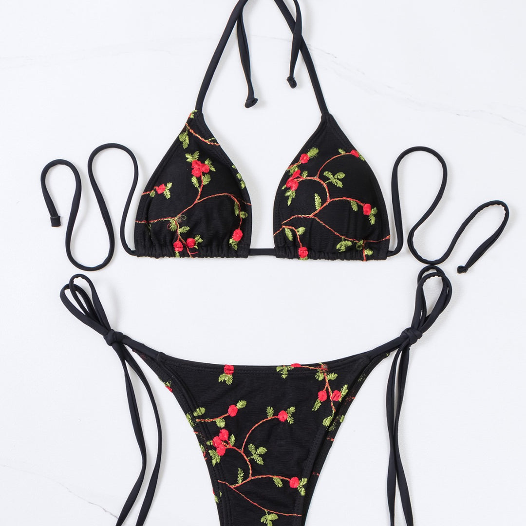 Dame triangel-bikini med håndlavede florale broderier Skovae