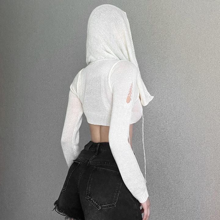 Dame Crop-Pullover med innovativ hætte-design og dyb udskæring Stilla