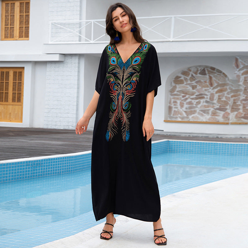 Dame Kaftan med kunstnerisk påfuglemotiv og V-hals Stilla