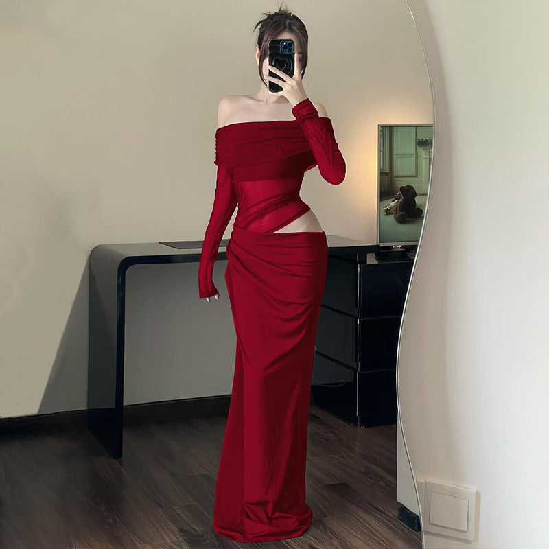 Dame Off-Shoulder Langærmet Kjole med figursyet snit og raffinerede draperinger Stilla