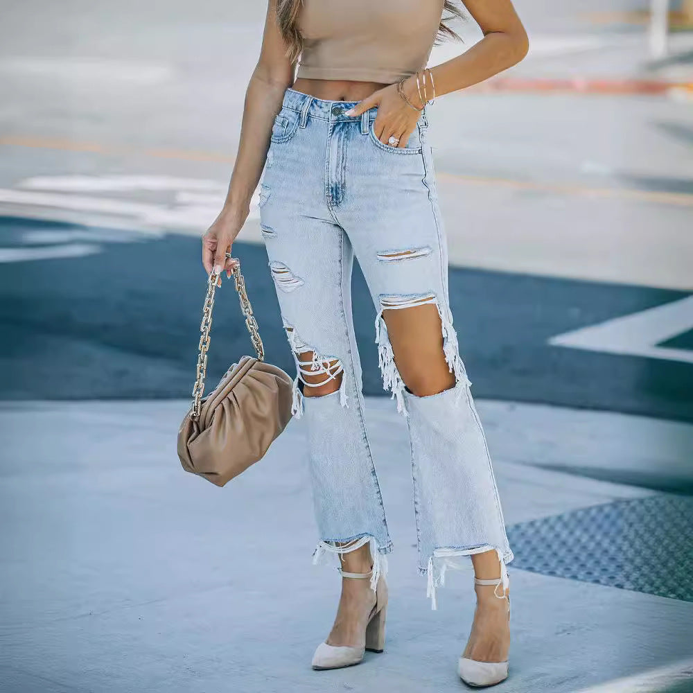 Dame revnede mom jeans med frynset kanter Stilla