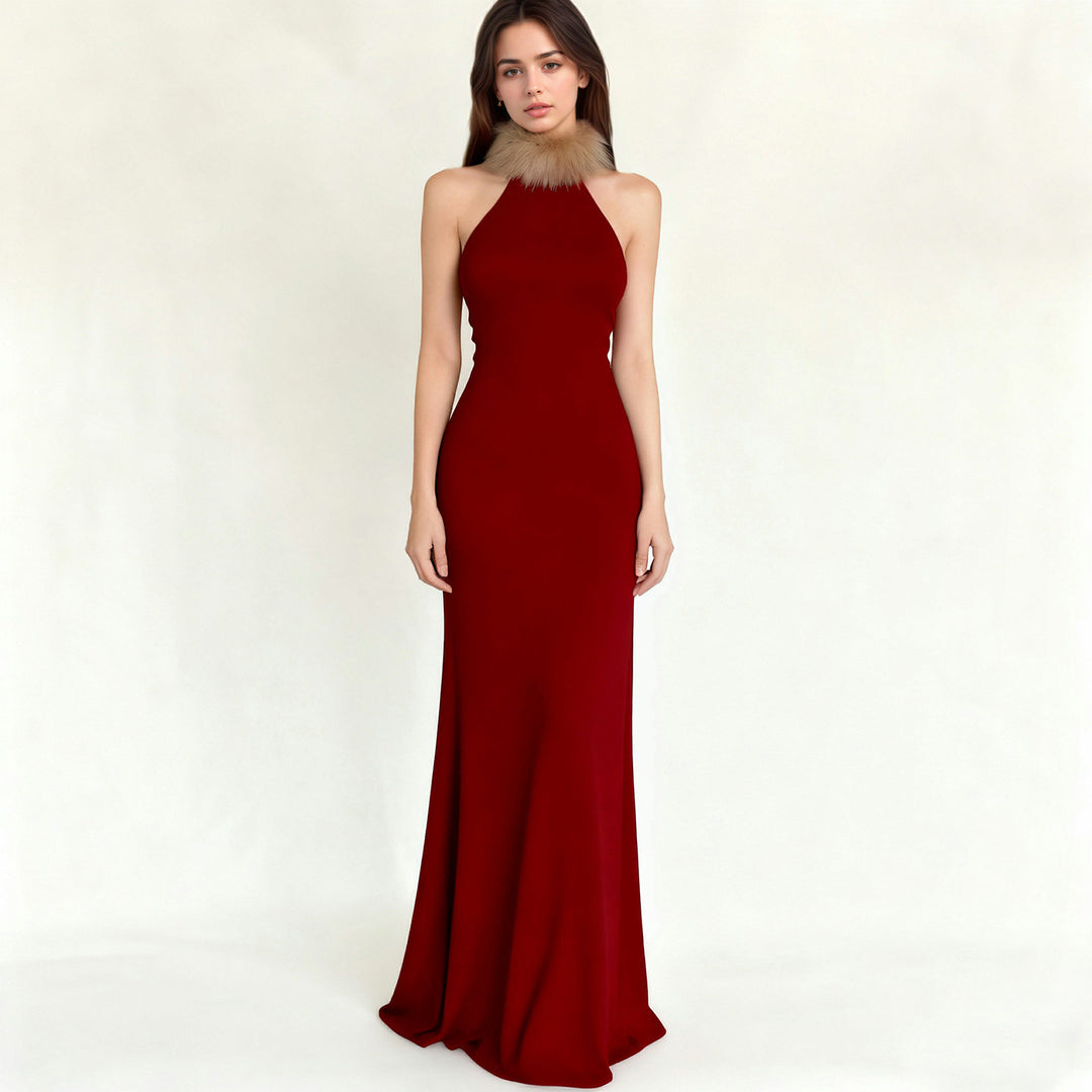 Damen elegantes langes Abendkleid mit raffiniertem Halter-Design und luxuriösem Kunstfellkragen Skovae