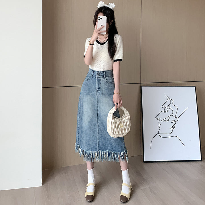 Kvindernes denim midi nederdel med frynset nederste Stilla