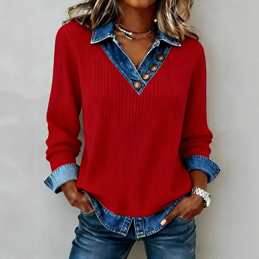 Damer Elegant strikbluse med jeanskrave og knapdetaljer Skovae