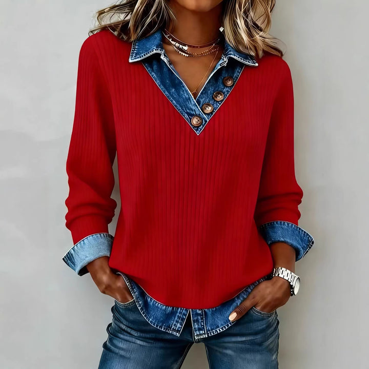 Damer Elegant strikbluse med jeanskrave og knapdetaljer Skovae