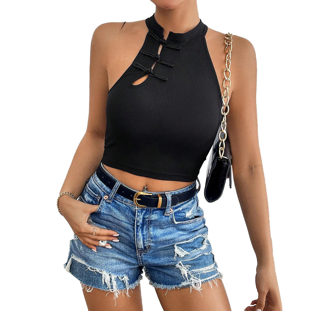 Kvindernes elegante crop top med praktisk knaplukning og høj krave Stilla