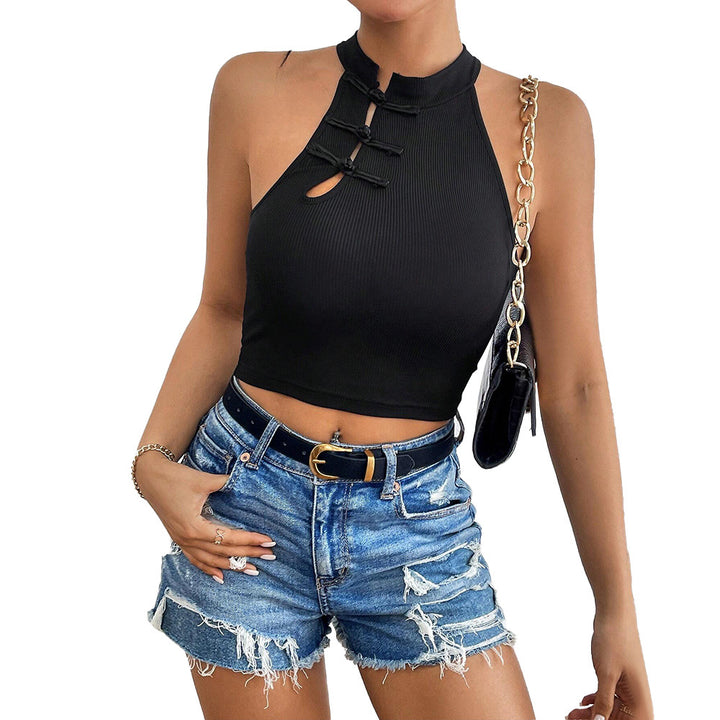 Kvindernes elegante crop top med praktisk knaplukning og høj krave Stilla