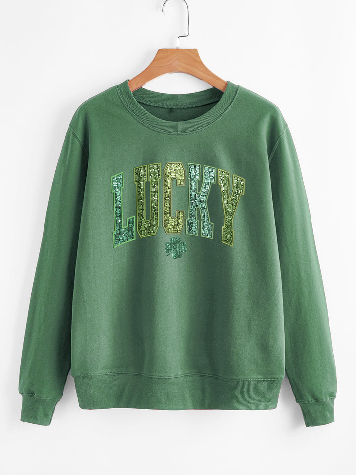 Dame casual sweatshirt med glitrende skrift og kløver motiv Stilla