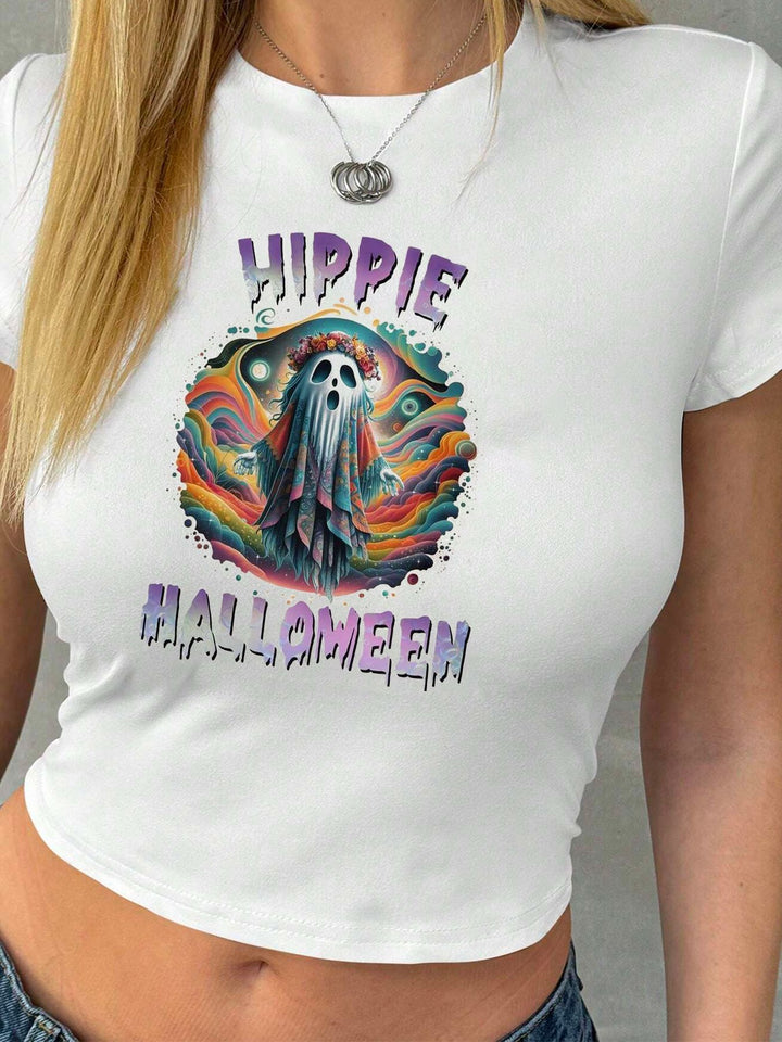 Dame Crop-T-shirt med kreativ læbe motiv og tætsiddende snit Skovae