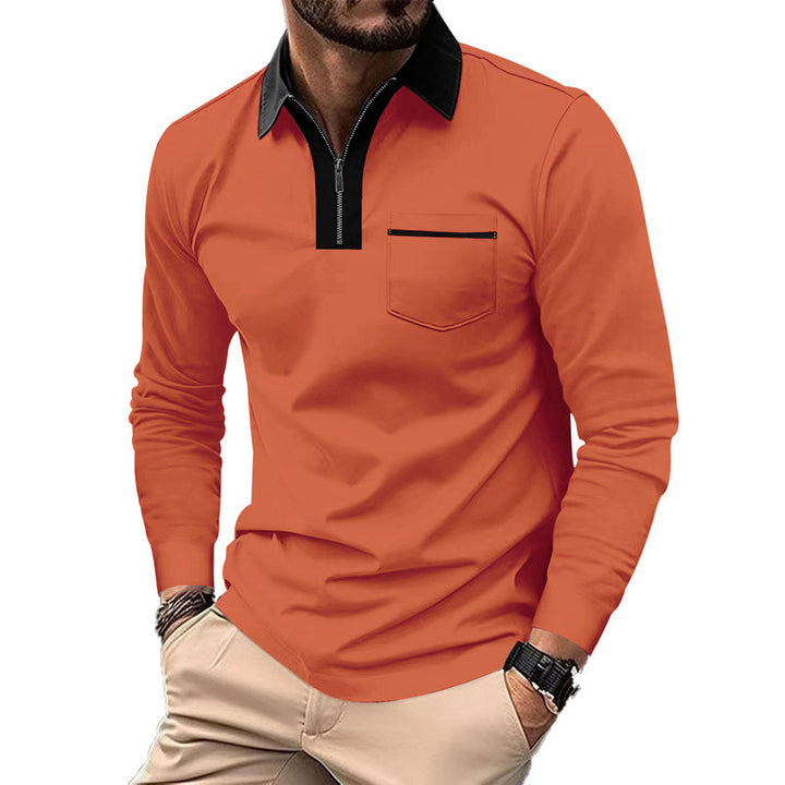 Herrer nan elegant Langærmet poloshirt med markeret ståkrave metal kort lynlås og brystlomme Skovae