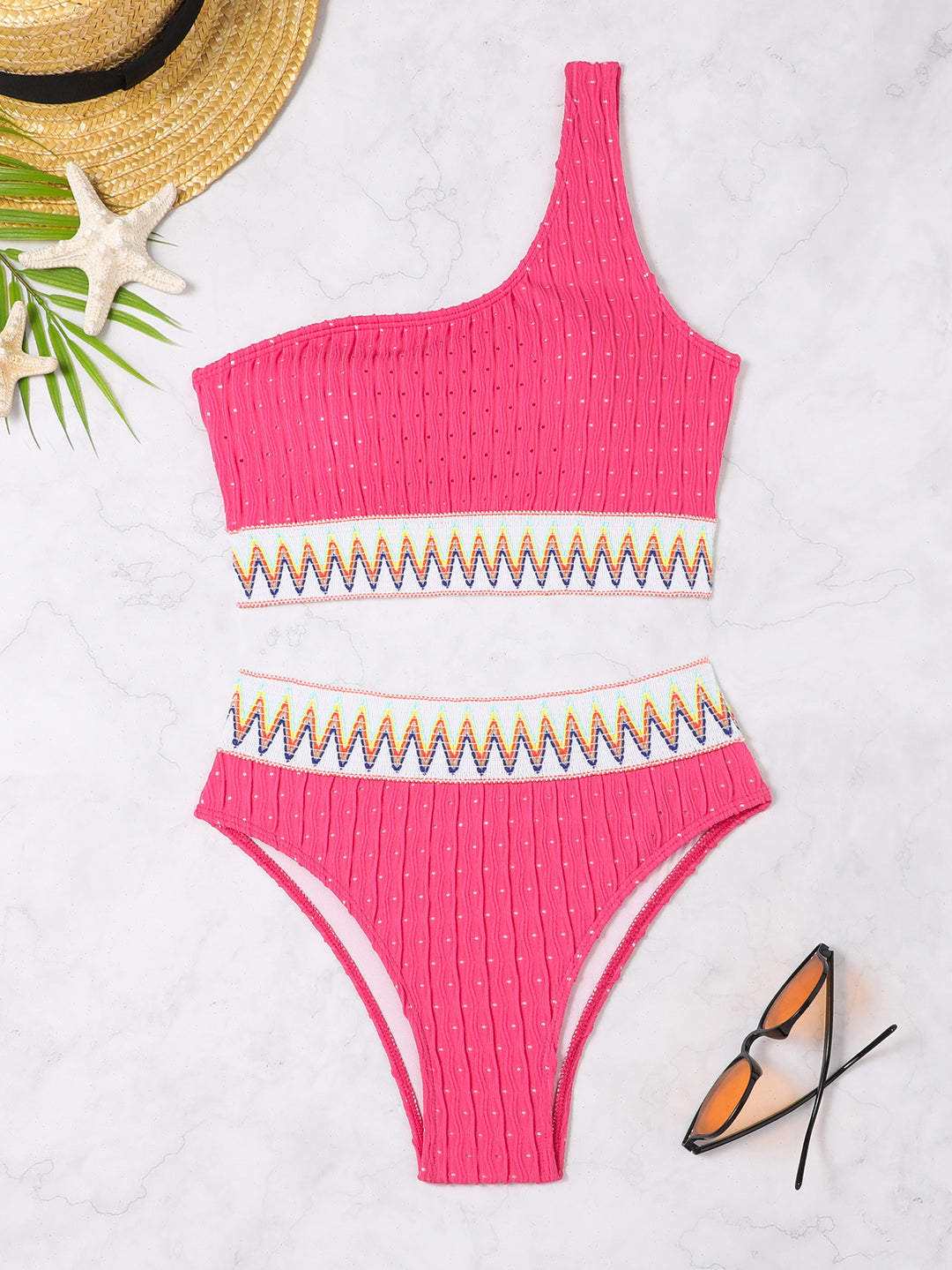 Dame En-sidet Crop-Bikini med farverigt Jacquardbånd Skovae