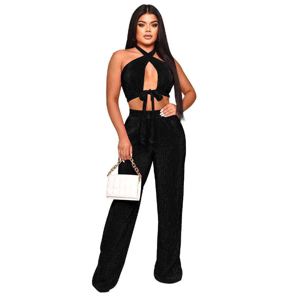 Dame elegant sæt bestående af cropped top og bred bukser med dyb udskæring og taljering Stilla