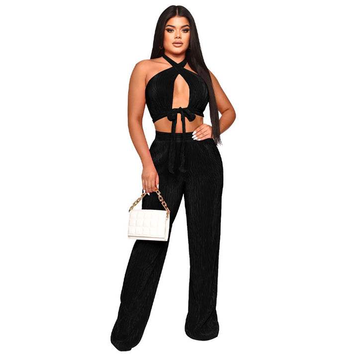 Dame elegant sæt bestående af cropped top og bred bukser med dyb udskæring og taljering Stilla