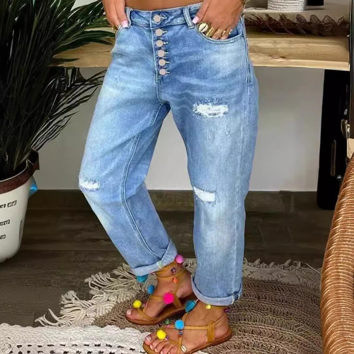 Dame Boyfriend Jeans med knapstolpe og afslappede destroyed-detaljer Stilla