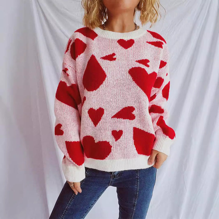 Kvinders løse sweater med hjerte mønster og bred skæring Stilla