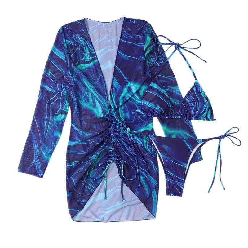 Dame badetøj-sæt med elegant omslagskjole og legesyg trekant-bikini Skovae