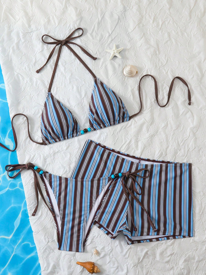 Dame Triangle-Bikini med moderne stribemønster Skovae
