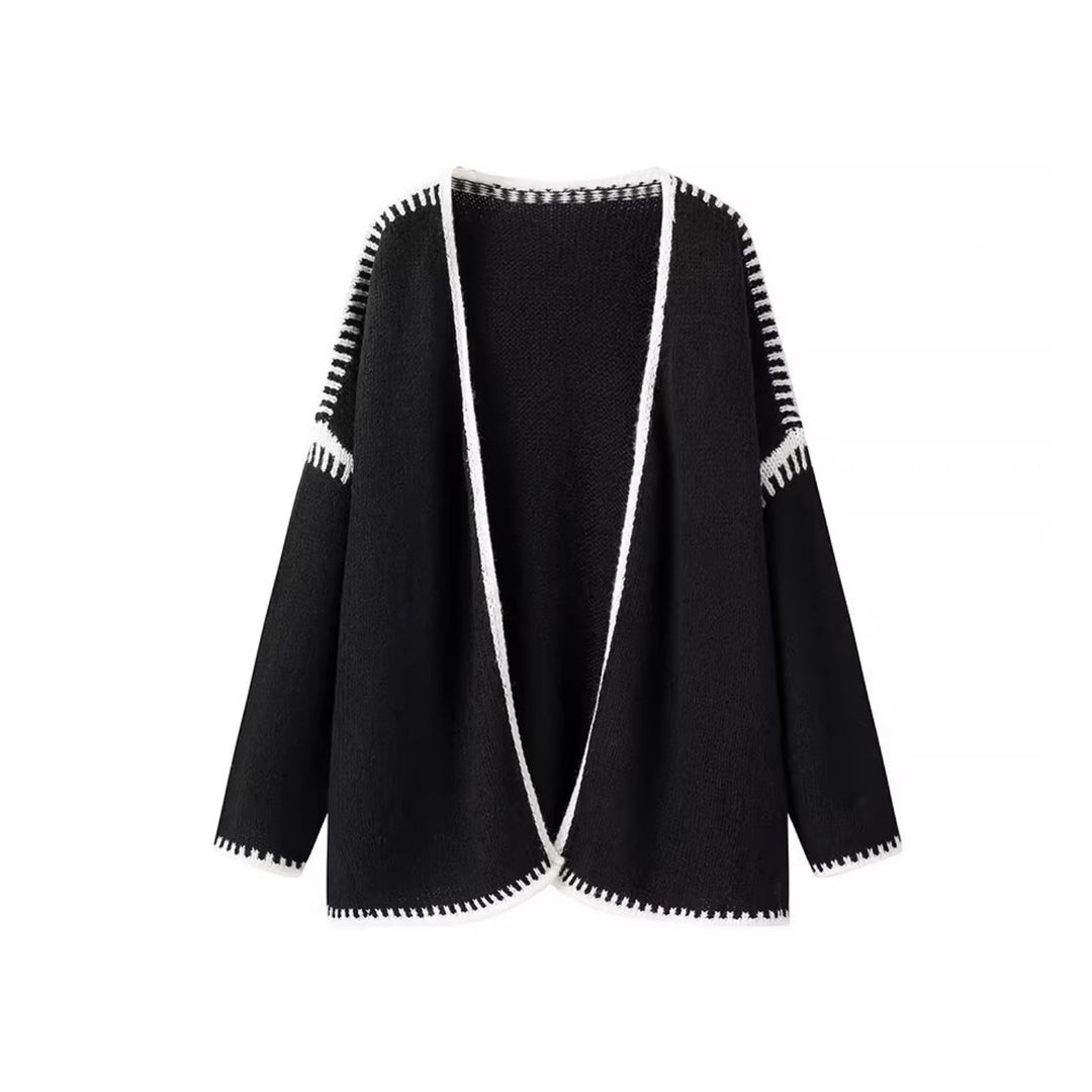 Kvinders åbne cardigan med elegante kontrastsyninger Stilla